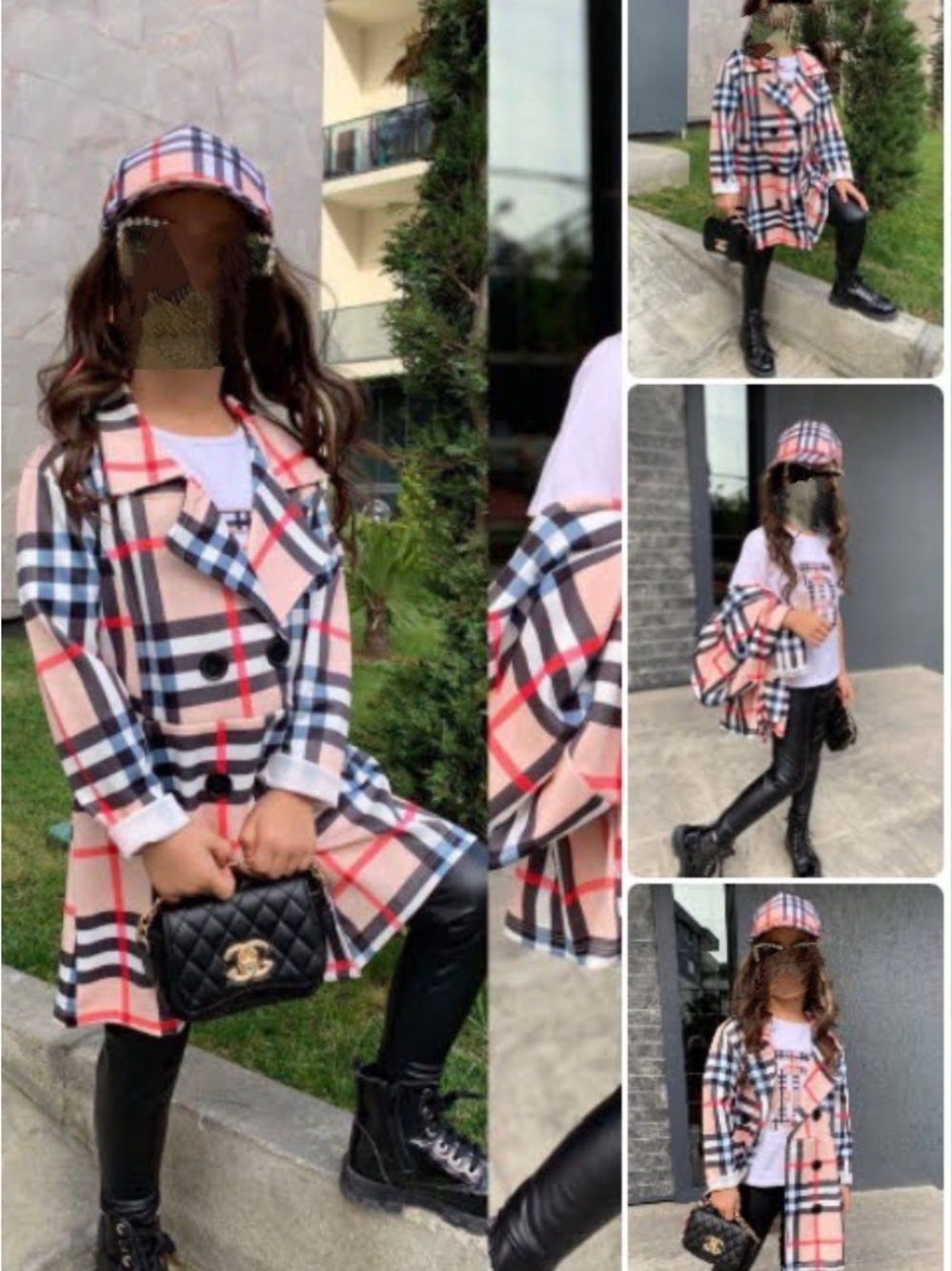 Plaid Trench Coat and Black Faux Leather Leggings Set - Beige, Black, Red